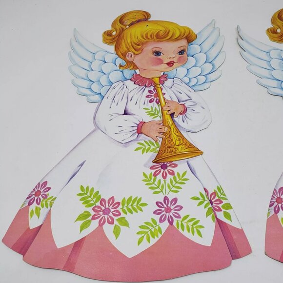 Vtg (2) Diecut Cardboard Angel USA Christmas Angelic Girl Plays Trumpet Horn - Picture 2 of 7